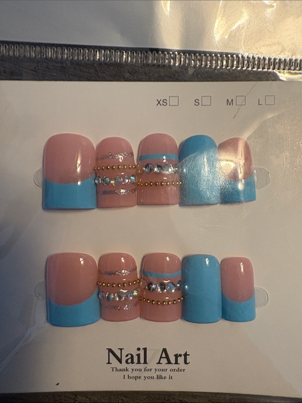 Blue & Pink Rhinestone Press-On Nail Set -